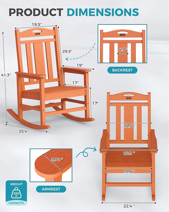 Oversized Outdoor Rocking Chairs Set of 3, 380lbs Heavy-Duty Large Patio Rocker - Image 3