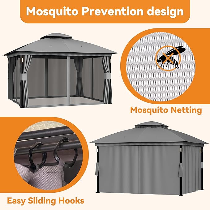 Patio Gazebo 11'x13' with LED Lights & Bluetooth Speaker, Heavy Duty Outdoor - Image 7