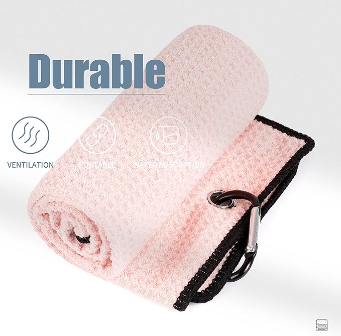 Mile High Life Tri-fold Golf Towel | 16" X 24" | Premium Microfiber Fabric | Waffle Pattern | with Heavy Duty Carabiner Clip | for Men and Women (Pink)