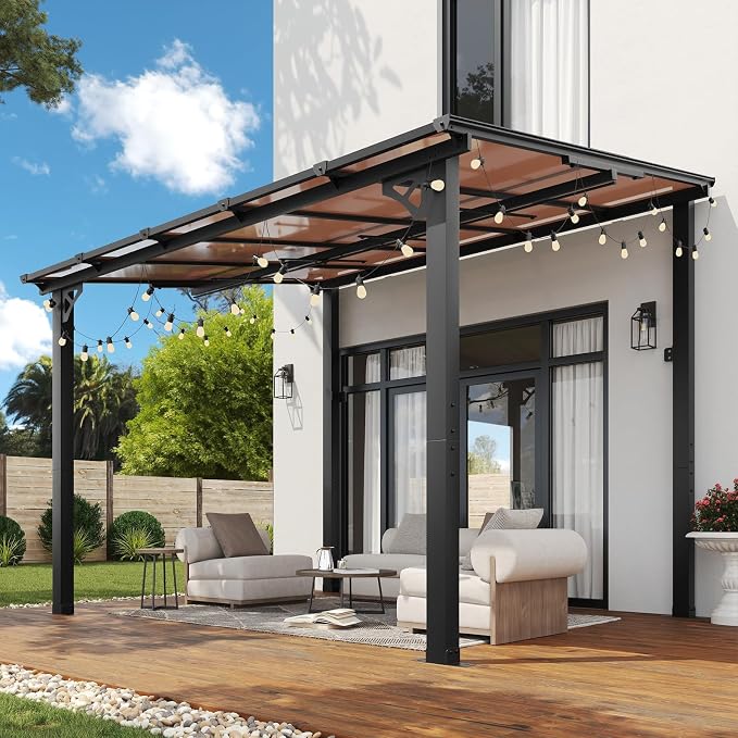 Aoxun 8’x10’ Gazebo with Light, Gazebo Pergola with Sloped Roof, Wall Mounted by Aoxun