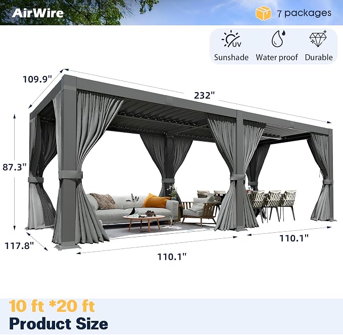 Airwire 10x20 ft Louvered Pergola All-Aluminum Frame | Outdoor Pergolas - Image 8