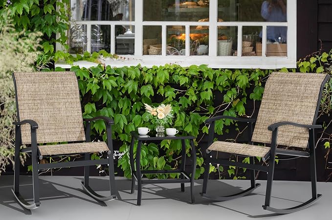 Vongrasig 3 Piece Outdoor Rocking Bistro Set, Textilene Fabric Small Patio - Image 8