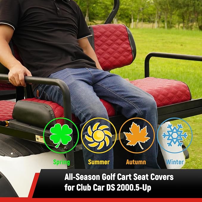 Golf Cart Seat Covers Front and Rear Waterproof and Sun Resistant Marine Grade Vinyl Leather Seat Cover Accessories for Club Car DS 2000.5-up, Deep Red(4PCS)