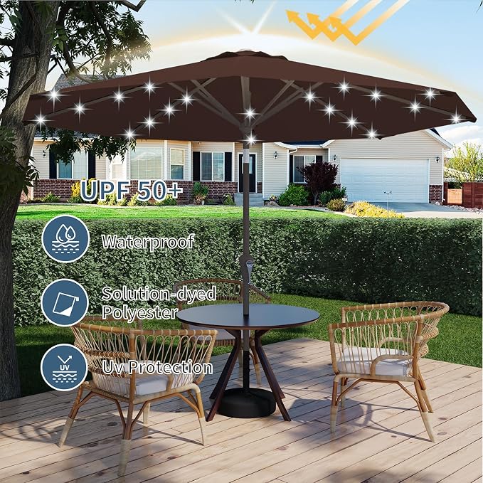9FT Patio Umbrella with Solar Lights, Outdoor Market Umbrella with Tilt and - Image 3