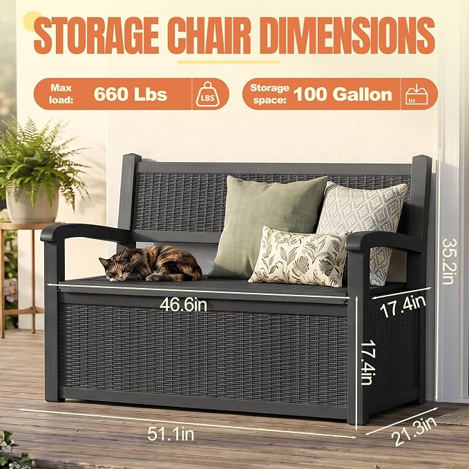 Storage Bench Outdoor Deck Box, 100 Gallon Lockable Patio Furniture | - Image 5