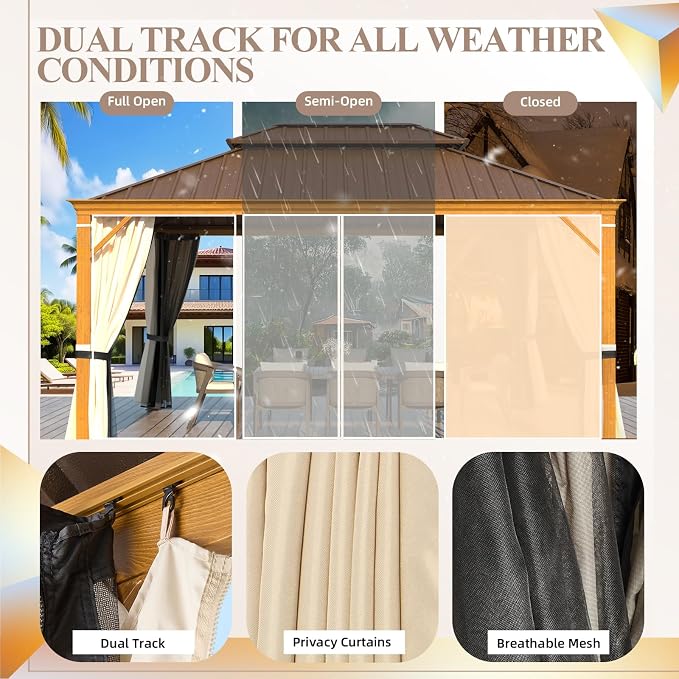 12'x16' Hardtop Gazebo, Wood Grain Aluminum Frame Outdoor Gazebo - Image 5