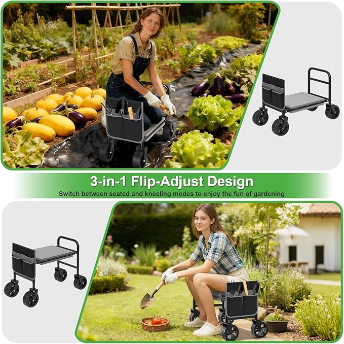 Garden Kneeler and Seat with 360° Wheels: 3-in-1 Rolling Gardning Stool | - Image 4
