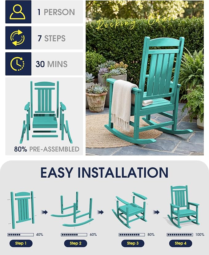 Oversized Outdoor Rocking Chairs Set of 2, HDPE Porch Rocker, Aruba | - Image 7