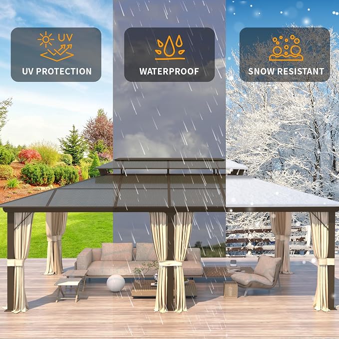 12'x20' Hardtop Gazebo, Outdoor Polycarbonate Double Roof Canopy, Aluminum - Image 4