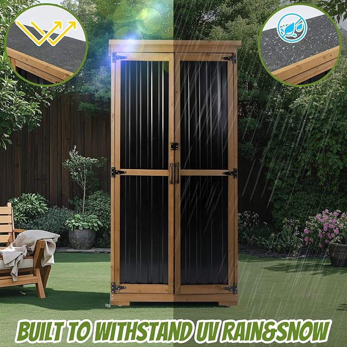 Outdoor Storage Cabinet with Shelf, Wood & Metal Storage Shed with Waterproof - Image 2