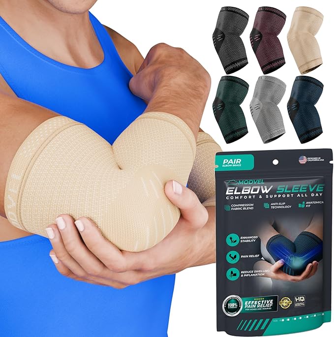 Modvel 2 Pack Elbow Brace - Golfer's Elbow Compression Sleeve Support for Joint Pain Relief, Recovery, Tendonitis Braces, Tennis Elbows Brace For Men & Women, Workout & Weightlifting Arm Wrap, Nude