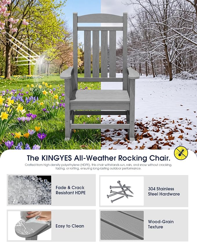 Oversized Outdoor Rocking Chair Set of 4, Porch Rockers, Light Gray | - Image 4