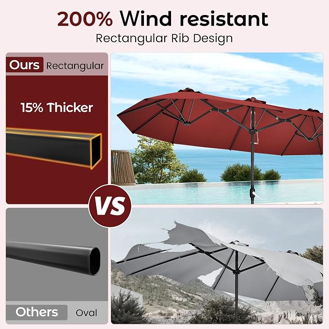 15ft Red Patio Umbrella with Base Included, Rectangle Double Extra Large Table - Image 5
