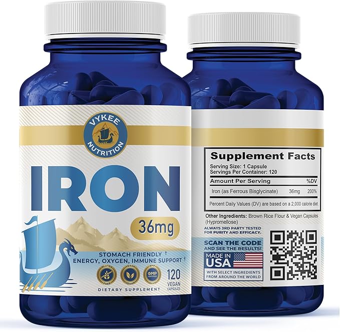 Vykee Nutrition Iron Supplement – 36mg Iron (as Bisglycinate) | High Absorption, Gentle On Stomachs | Vegan, Non-GMO | Supports Energy, Immune Health & Red Blood Cell Formation | 120 Capsules
