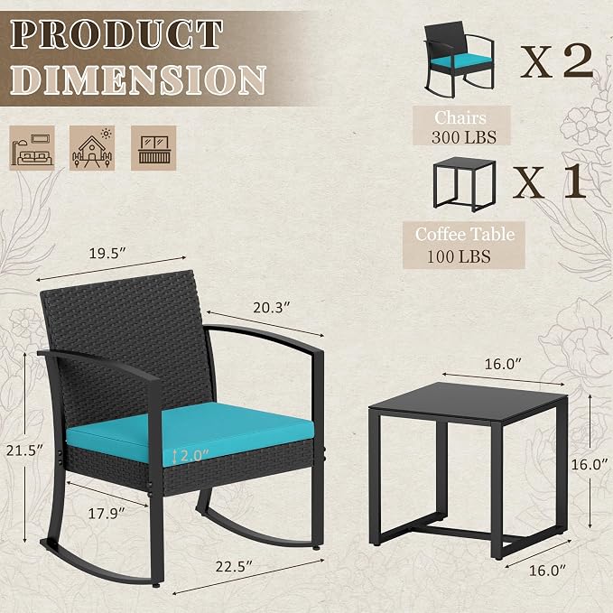 Homall Patio Furniture Set 3 Piece Resin Outdoor Bistro Set Rocking Patio Chairs - Image 3