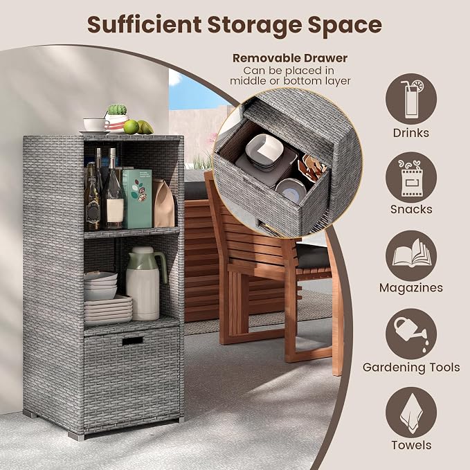 Tangkula Rattan Outdoor Storage Cabinet, Patiojoy Outdoor Wicker Cabinet - Image 4