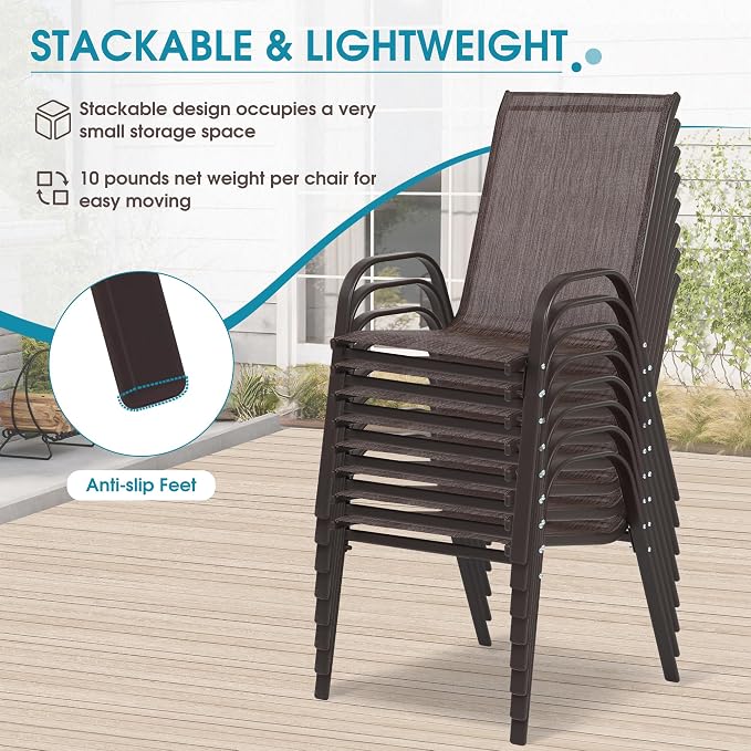 24.4" Wide Outdoor Stackable Chairs Set of 8 | Stacking Patio Chairs - Image 6
