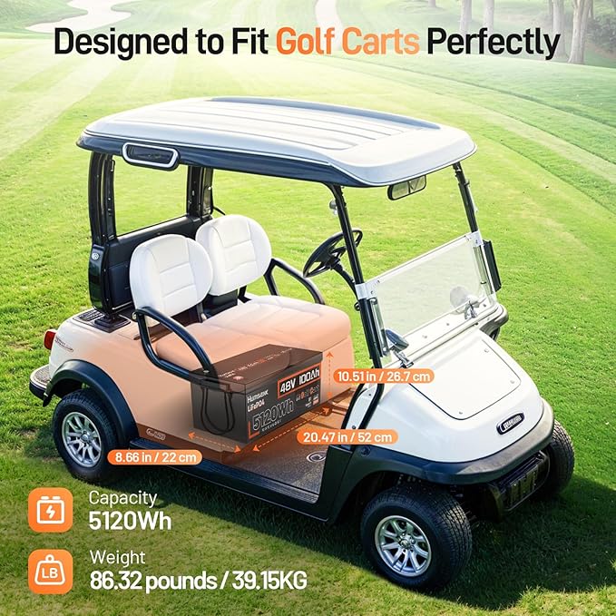 HumsiENK 48V 100Ah Golf Cart LiFePO4 Lithium Battery Bluetooth Monitor with 15A Charger, 15000+ Cycles Battery with Peak Current 600A & Group 8D, 200A BMS with Low-Temp Protection for Golf Carts