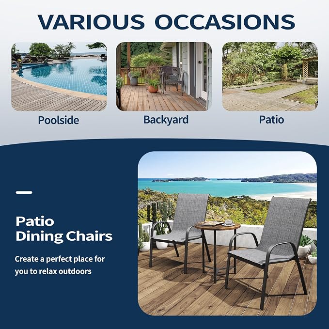 Patio Chairs Set of 8, Outdoor Stackable Dining Chairs | All Weather Textilene - Image 8