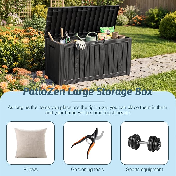 PatioZen 75 Gallon Resin Deck Box, Space-Saving Weatherproof Outdoor Storage Box - Image 3