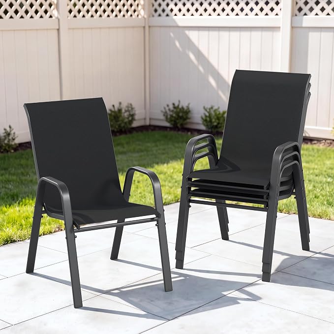 Outdoor Patio Chairs Set of 4 Stackable Dining Chairs All-Weather Textilene by CHINNLUU