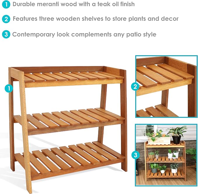 Sunnydaze Outdoor Meranti Wood 3-Tiered Garden Shelf - Image 4