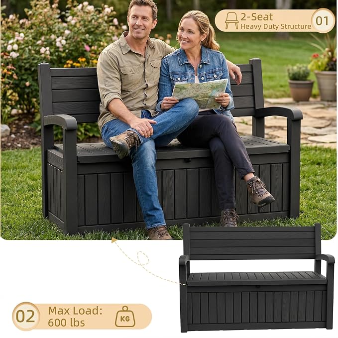 EFU Outdoor Bench Storage Deck Box, 100 Gallon Waterproof Wicker Patio - Image 7