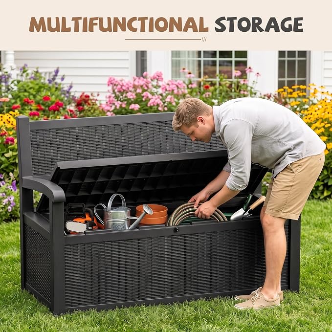 EFU Outdoor Bench Storage Deck Box, 100 Gallon Waterproof Wicker | Patio - Image 7