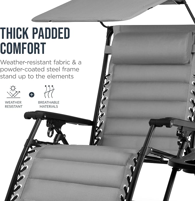 Best Choice Products Oversized Padded Zero Gravity Chair w/Canopy Headrest Cup - Image 6