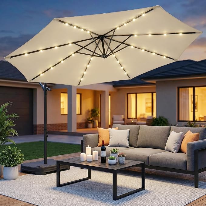 10FT Patio Umbrella with Solar Lights and Base by OLILAWN
