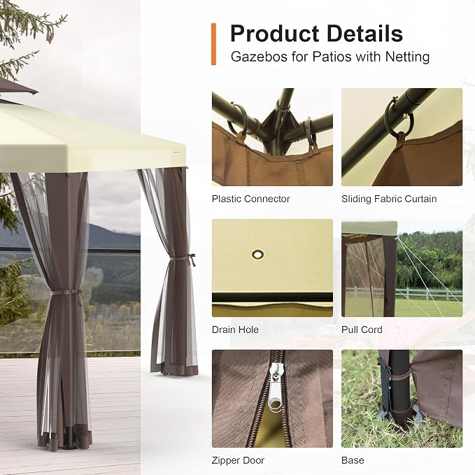 10’x10’ Patio Gazebo Canopy Tent w/Removable Netting, Ventilated Double-tier Top - Image 3