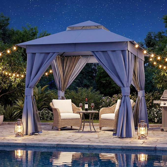 8'x8' Outdoor Gazebo with 50FT String Lights, Metal Heavy Duty Patio Canopy by LAUSAINTHOME