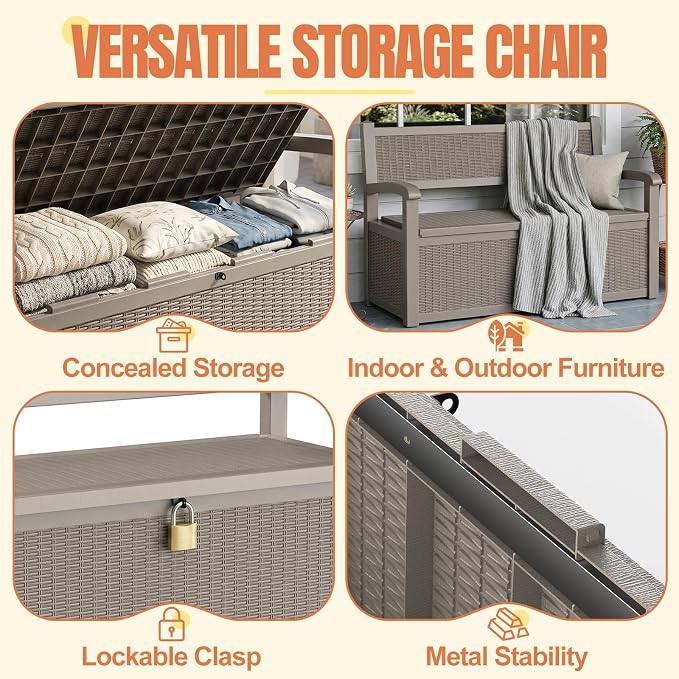 Storage Bench Outdoor Deck Box, 100 Gallon Lockable Patio Furniture, - Image 3