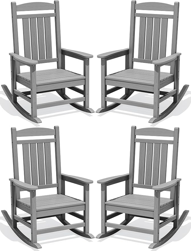 Oversized Outdoor Rocking Chair Set of 4, Porch Rockers, Light Gray | by KINGYES