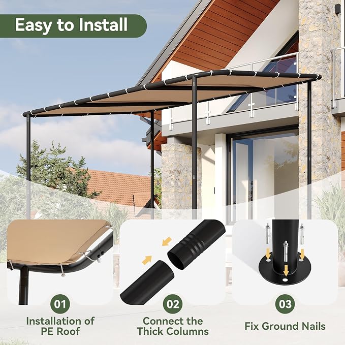 Aoxun 10x8 Lean-to Gazebo, Sloped Roof Pergola Porch Canopy Awning - Image 3