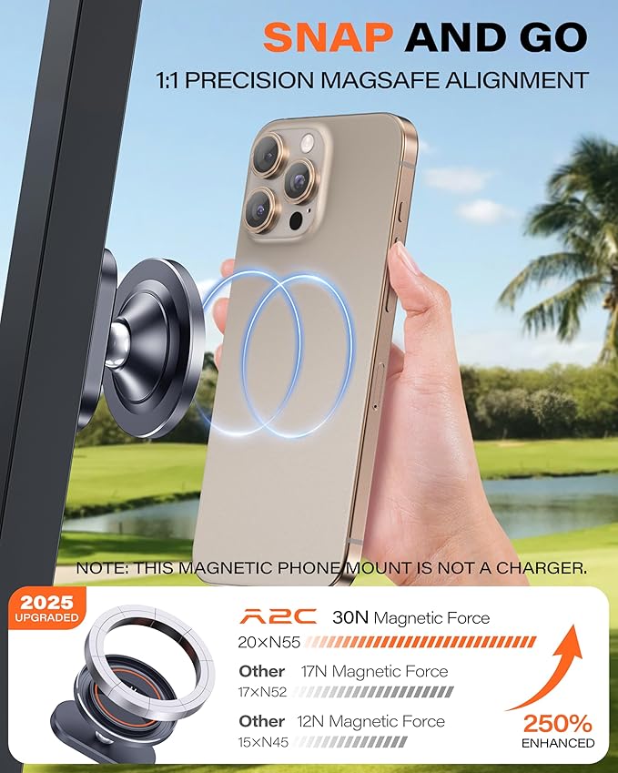 A2C Alloy Magnetic Golf Cart Phone Holder with Gift Box Compatible with MagSafe iPhone 17 Pro Max Air 16 Plus 15 14 13 12 Mini Fits EZGO, Club Car, Yamaha, Icon, Golf Cart Accessories Essentials Gift