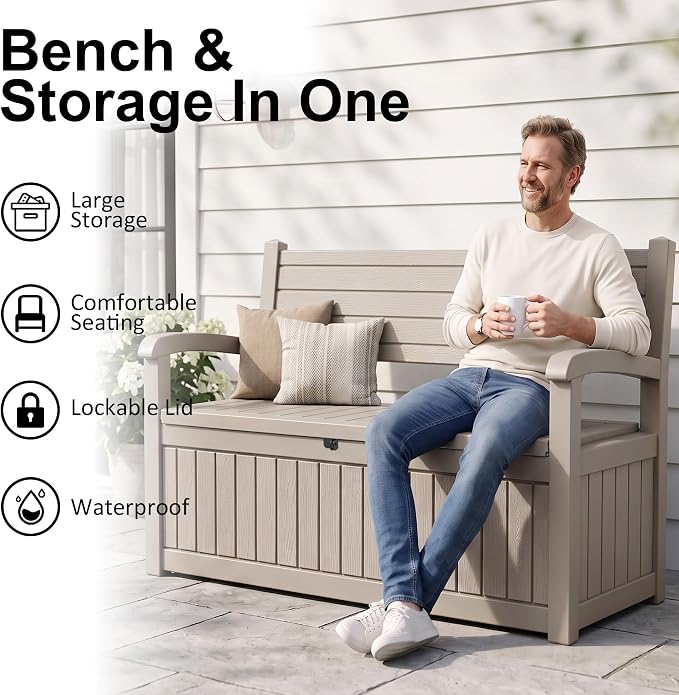 100 Gallon Outdoor Storage Bench, Waterproof Resin Deck Box - Image 3