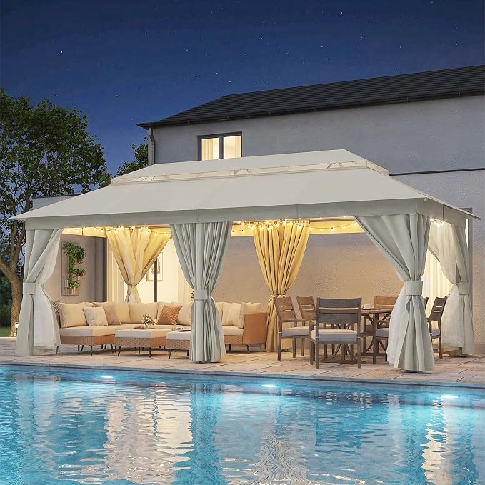 10'x20' Outdoor Gazebo with 100FT String Lights, Metal Heavy Duty Patio Canopy by LAUSAINTHOME