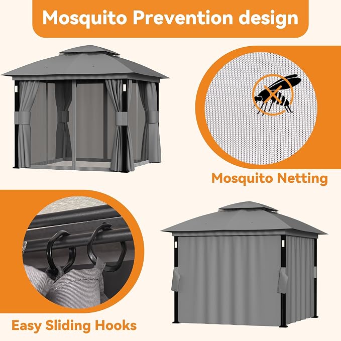 Patio Gazebo 8'x8' with LED Lights & Bluetooth Speaker, Heavy Duty Outdoor - Image 7