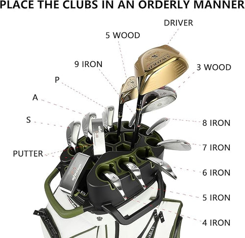 14 Way Full-Length Divider Top Men Golf Cart Bag, Fixed Slots Clubs Organized Premium Oxford Cloth Women 13 Pockets Black Blue Green Golf Bag with 3 Handles Cooler Rain Cover
