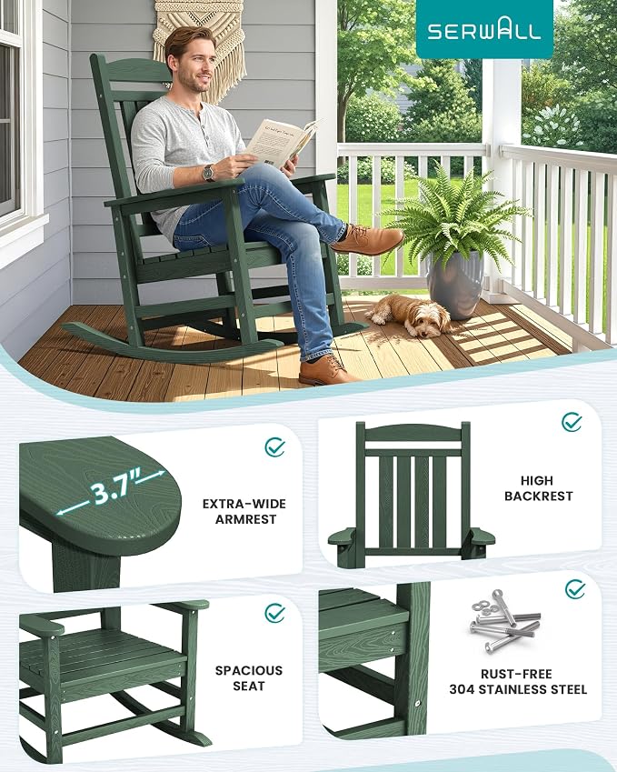 SERWALL Outdoor Rocking Chair Set of 2, Patio Rocking Chair, Porch Rocker - Image 6