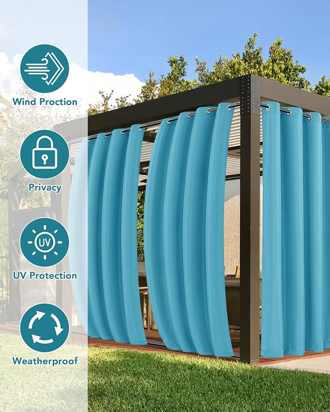 Windproof Outdoor Curtains for Patio Waterproof 4 Pcs 54x95 In Teal | Grommet - Image 3