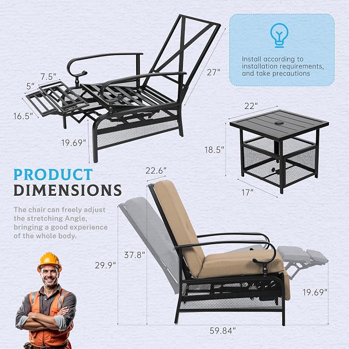 Incbruce 2 Pieces Outdoor Lounge Recliner Set, Adjustable Metal Recliner Sofa - Image 3