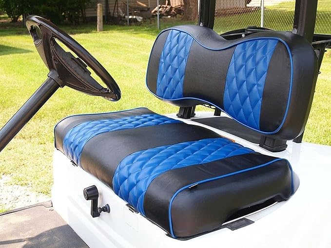 Huskey 4PCS Golf Cart Front/Rear Seat Covers for EZGO Freedom TXT 2014+, Valor Custom Two-Tone Black/Blue Diamond Stitching with Blue Piping, Marine Grade Vinyl Material, Staple on Design