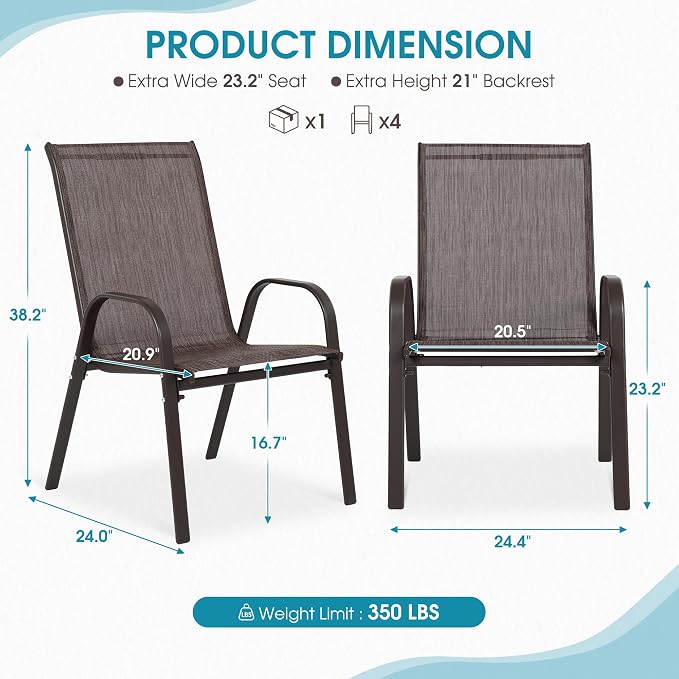 24.4" Wide Outdoor Stackable Chairs Set of 6 | Stacking Patio Chairs - Image 3