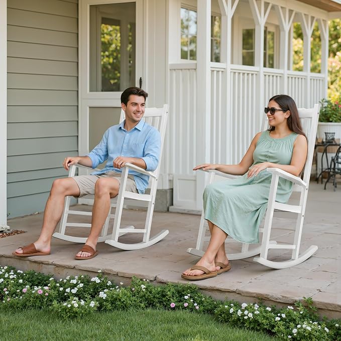 Flamaker Acacia Wood Porch Rocking Chairs Set of 2 | White Rocking Chairs - Image 2