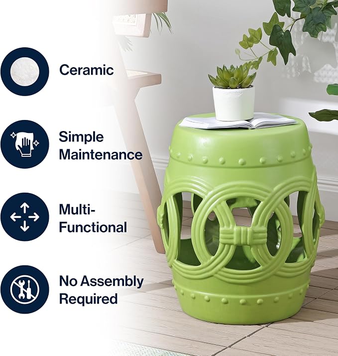 JONATHAN Y Lucky Coins 16" Ceramic Garden Stool Side Table, Matte Green | - Image 5