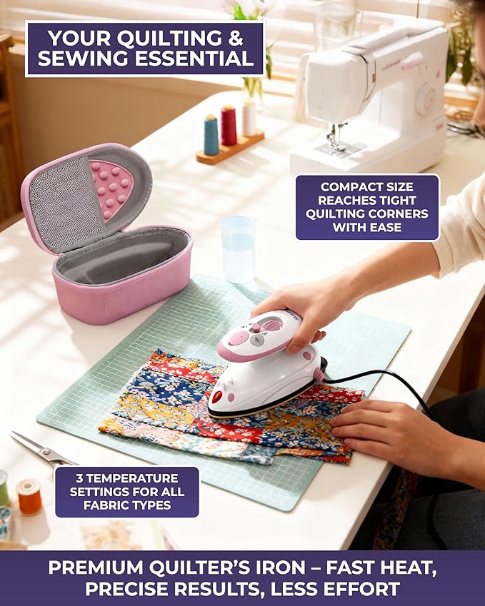 The Quilted Bear Mini Iron, Rest & Ironing Mat - Lightweight Mini Steam Iron with Hard Shell Travel Case, Rest & Ironing Mat - Travel Essentials for Wrinkle Free Clothes & Effortless Quilting (Pink)