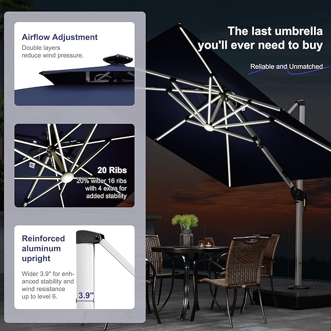 PURPLE LEAF Patio Umbrella 12'X12' Double Top Solar LED Light, Support to - Image 3