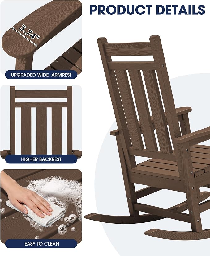 Oversized Outdoor Rocking Chair, HDPE Patio Rockers, Coffee | | All-Weather - Image 7